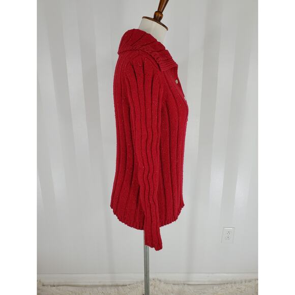 LIZ CLAIBORNE Women's Red w/ White & Black Flecks Quarter Button Sweater Sz L - Picture 2 of 8